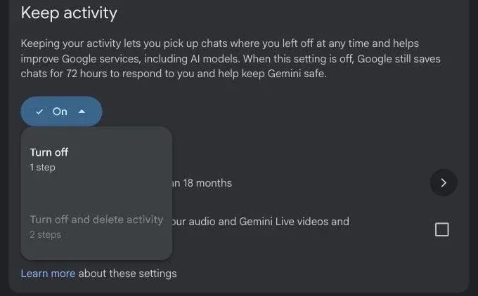 Keep activity menu with the options Turn off and Turn off and delete activity