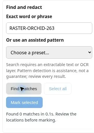 Starlight search for RASTER-ORCHID-263 returning zero matches.