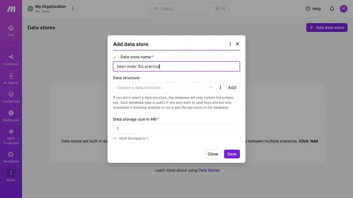 Full Make Data Store form with Seen order IDs practice, no data structure and 1 MB storage.