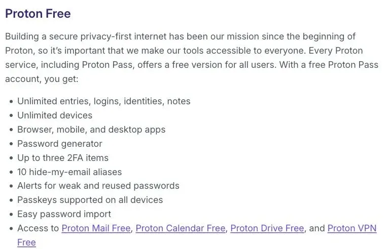 Proton public plan-help page lists unlimited devices, three two-factor items and ten hide-my-email aliases on Free.