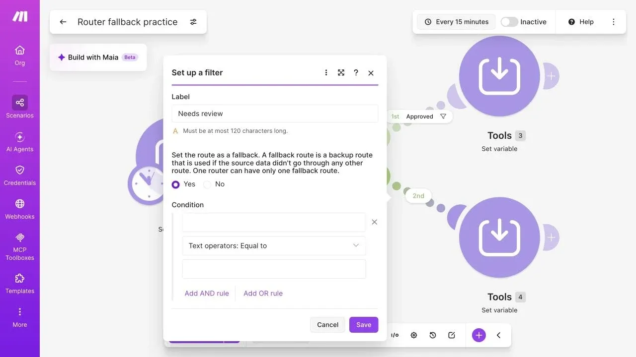 Full Make editor with Yes selected for the Needs review fallback route