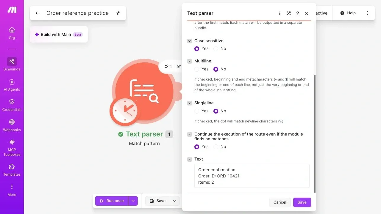 Make Text parser continuation set to Yes with the deliberately wrong five-digit order ID.