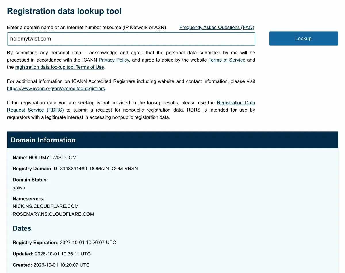 ICANN Lookup result for holdmytwist.com showing the Created date 1 October 2026