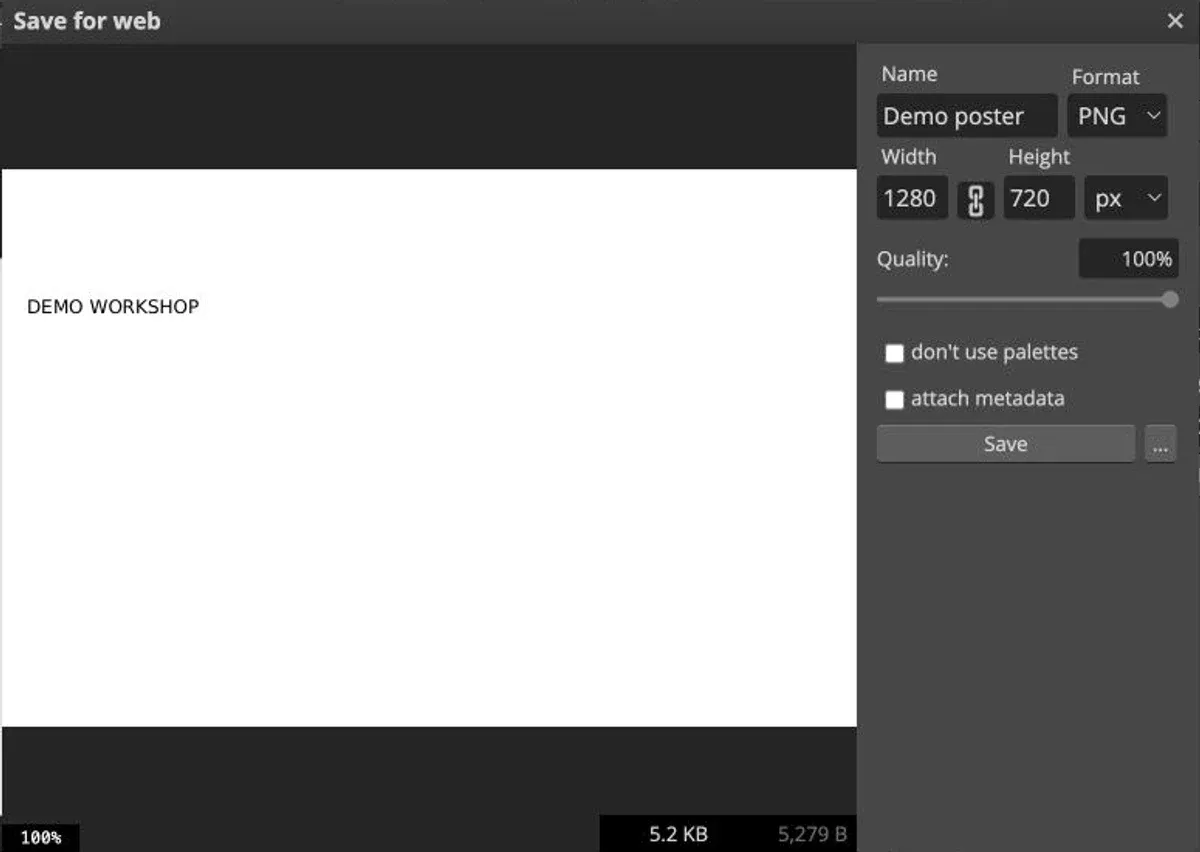 Photopea Save for web dialog with PNG selected and a fictional poster preview