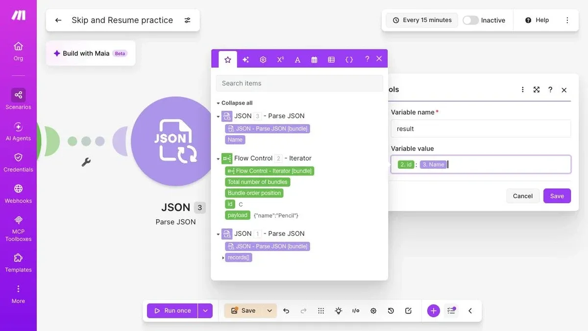 Make Set variable maps the record ID and parsed product name into result