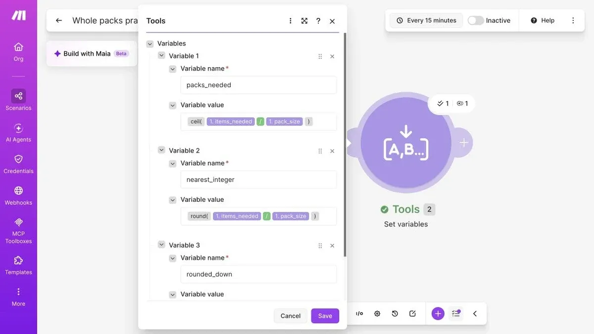 Full Make editor mapping items_needed divided by pack_size into ceil and round formulas