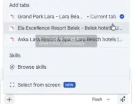 Google's Gemini in Chrome demonstration with Add tabs and Select from screen controls