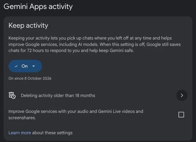 Gemini Apps activity page with Keep activity switched on and activity deleted after 18 months