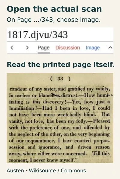 Wikisource page title ending 1817.djvu/343 and Image control, above a separate scan crop showing printed page 33 and its first paragraph.