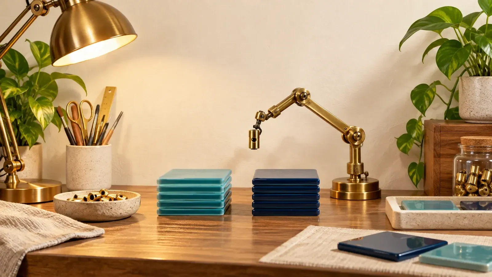 A brass mechanical arm arranging aqua and navy tiles on a workbench