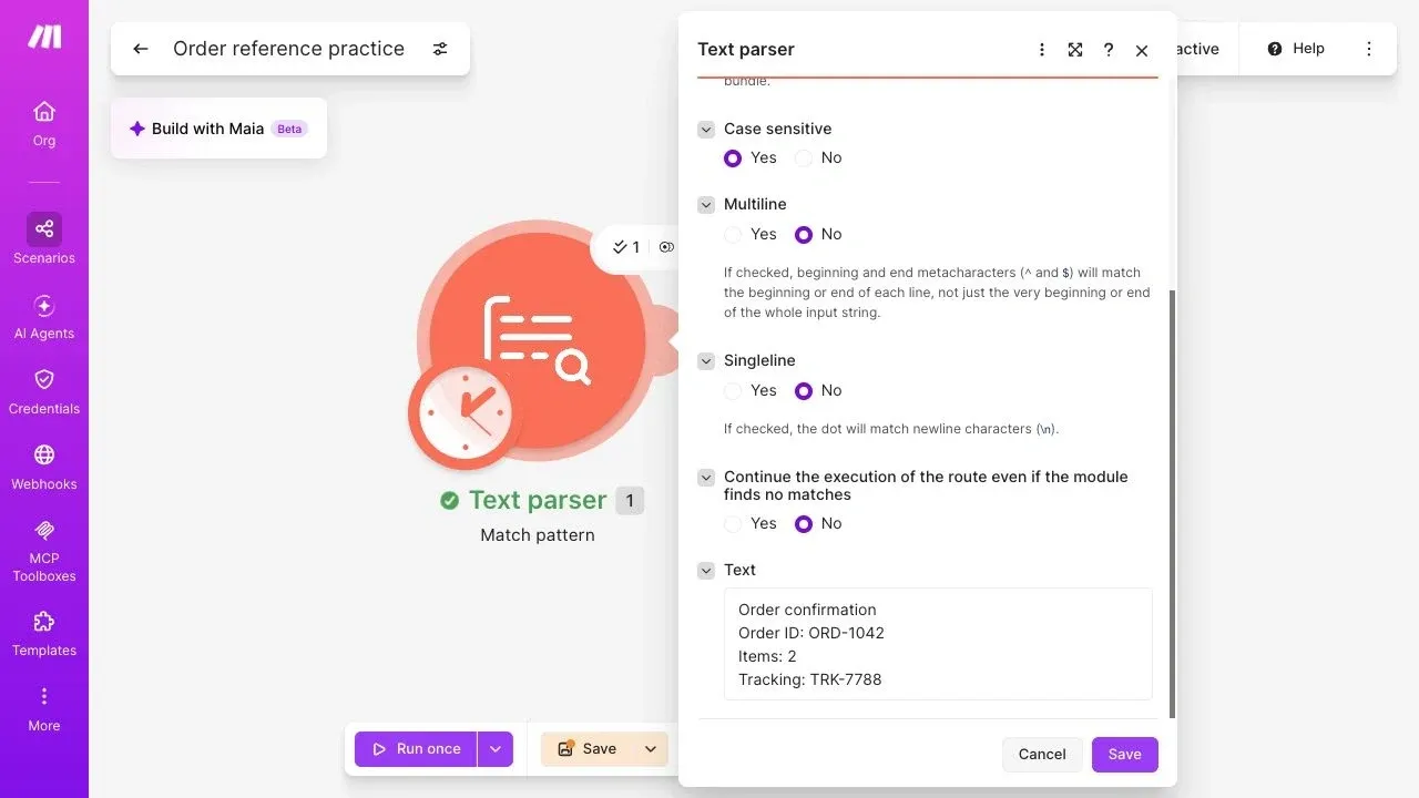 Make Text parser input with fictional order ORD-1042 and no-match continuation set to No.