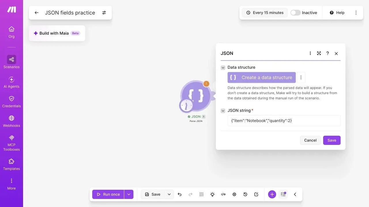 Full Make editor showing the Parse JSON input with item Notebook and quantity 2