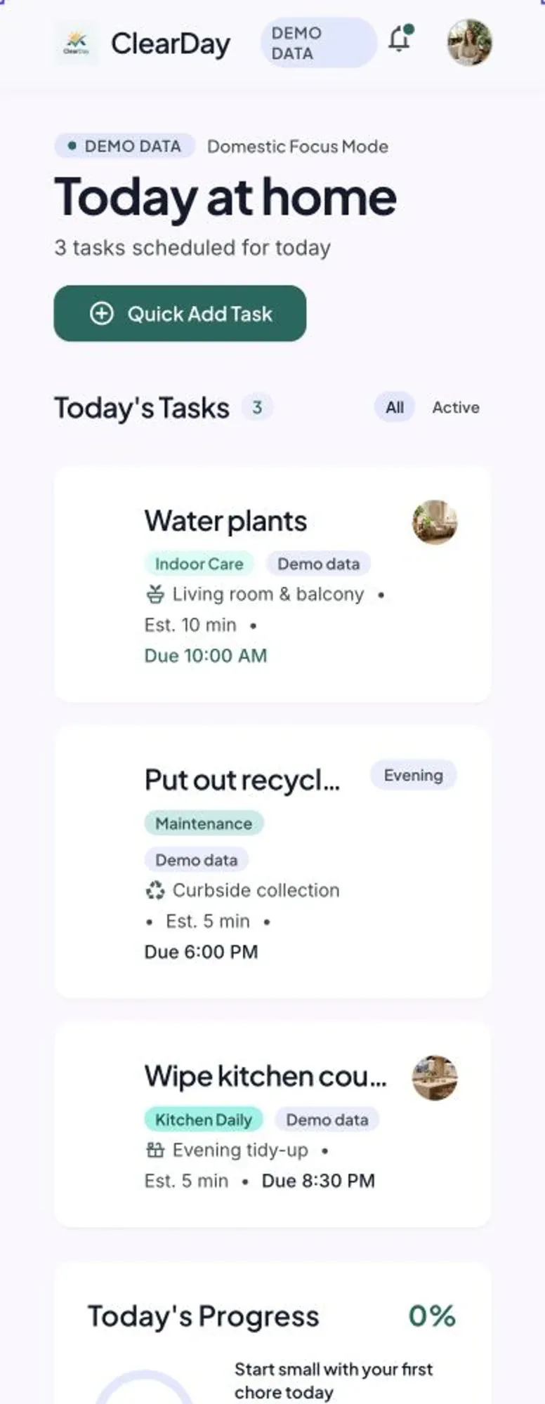 The revised mobile layout with Put out recycling and Wipe kitchen counter visibly cut off.