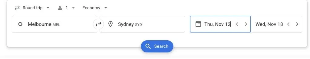 Google Flights search for one adult in economy from Melbourne MEL to Sydney SYD, 12 to 18 November 2026.