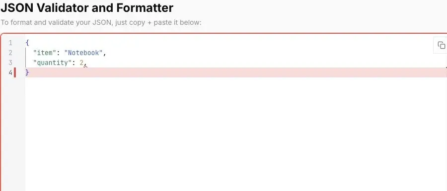 JSONLint editor showing a fictional object with a trailing comma after quantity