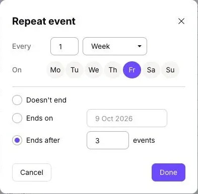 Proton Calendar weekly repeat setting ending after three events