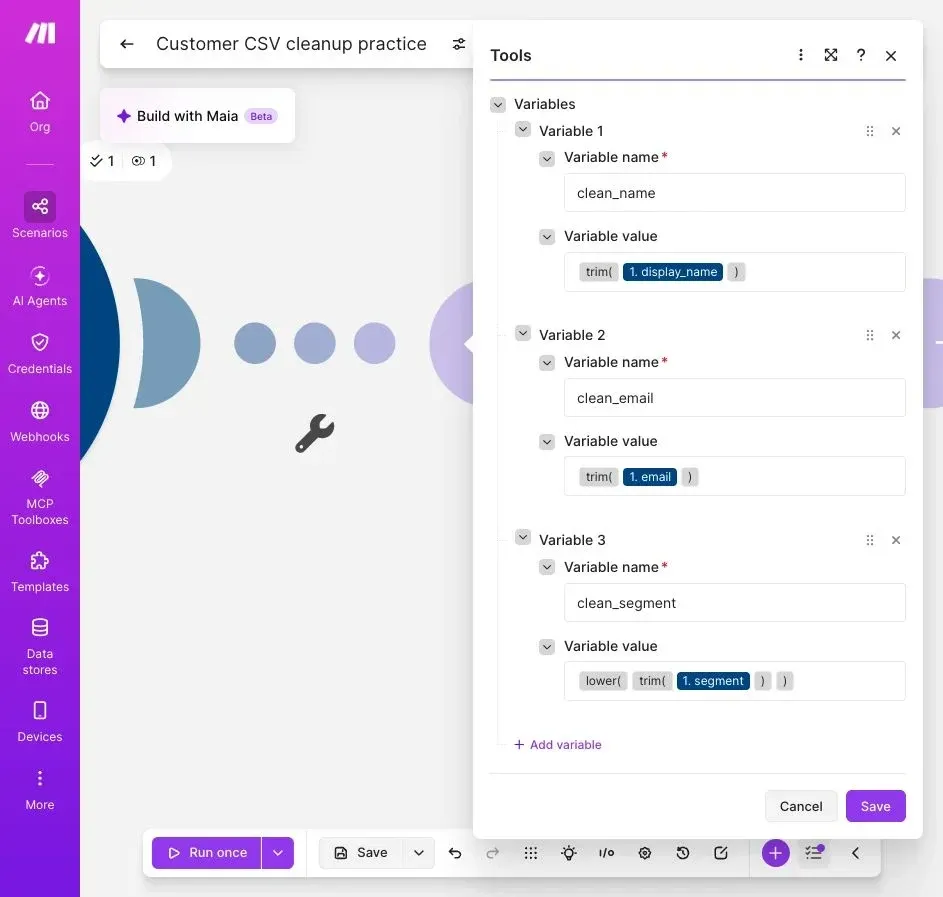 Make Set variables settings trim the name and email and lowercase the trimmed segment.