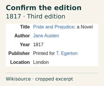 Wikisource edition details showing Jane Austen, 1817, T. Egerton and London.