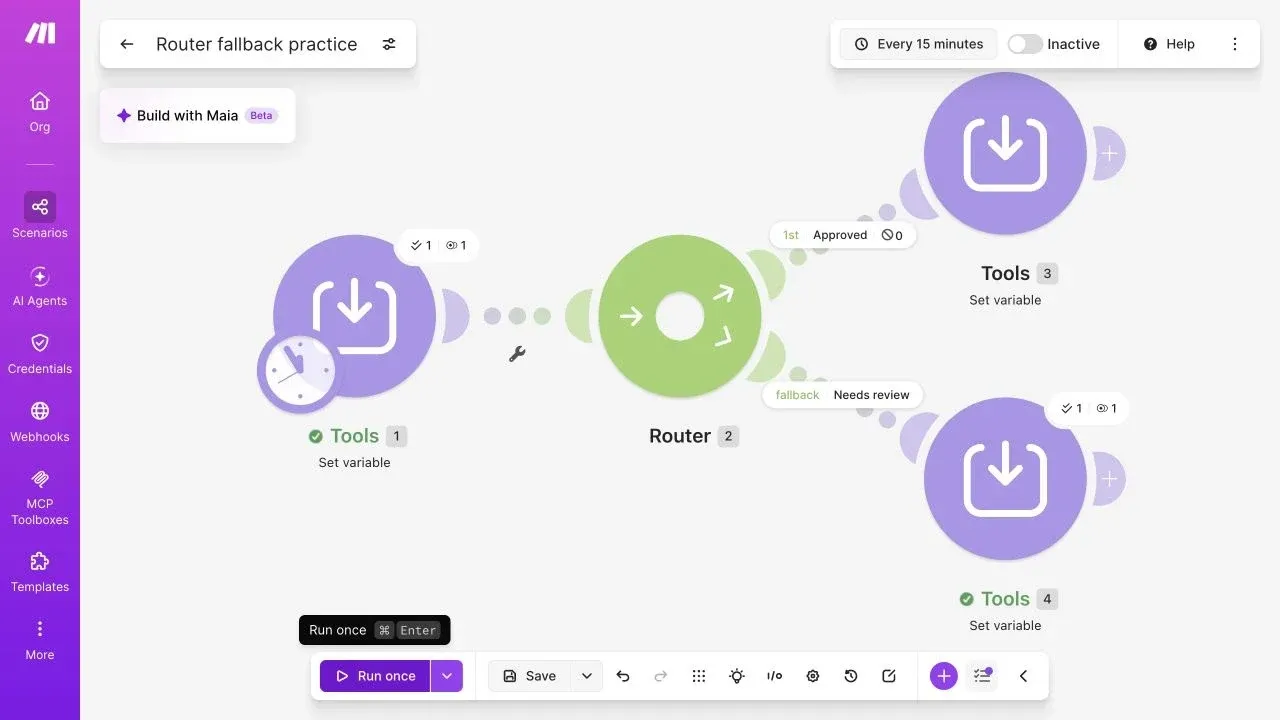 Full Make editor showing pending blocked by Approved and processed by Needs review fallback