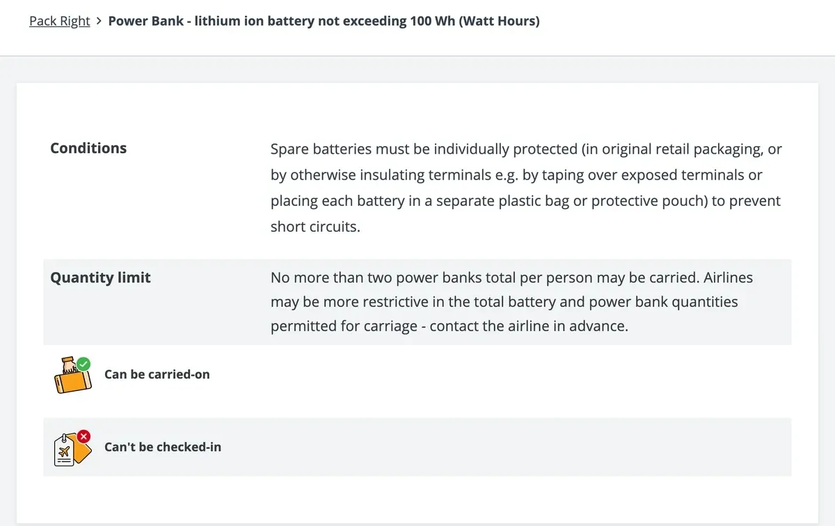 CASA's rules for a power bank up to 100 Wh: protect terminals, no more than two per person, can be carried on, can't be checked in.