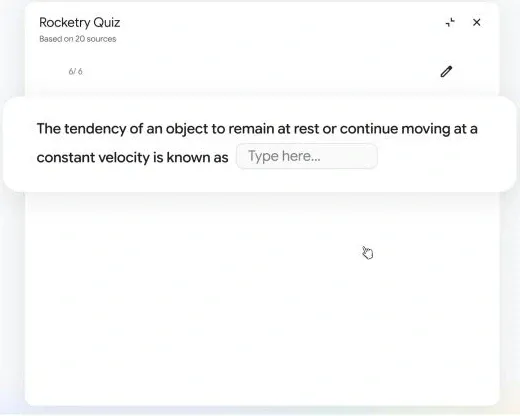 Google's Gemini Notebook example showing a rocketry quiz with a typed answer field