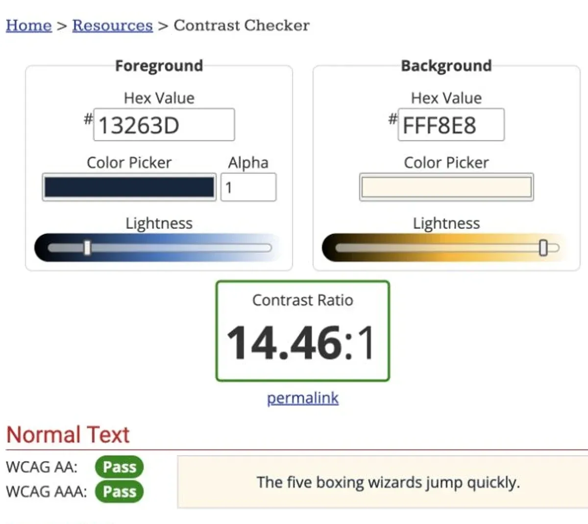 WebAIM colour check for 13263D and FFF8E8 showing a contrast ratio of 14.46 to 1