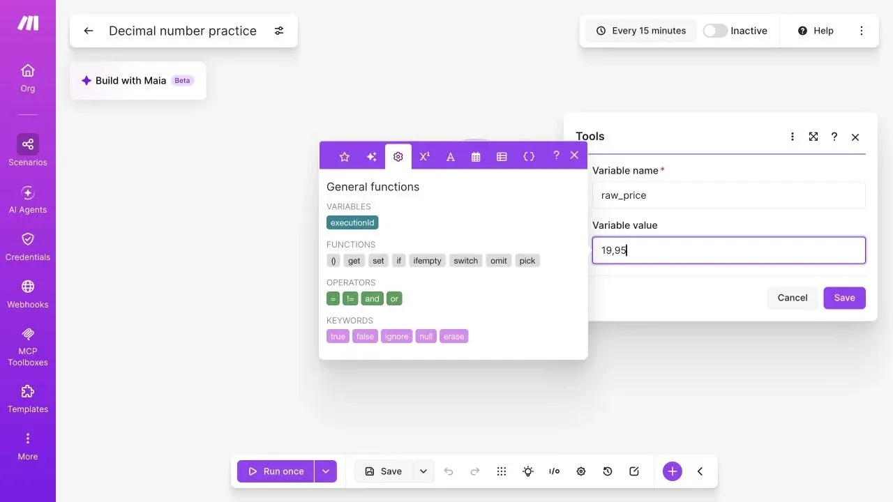 Full Make editor with raw_price set to the fictional decimal-comma text 19,95