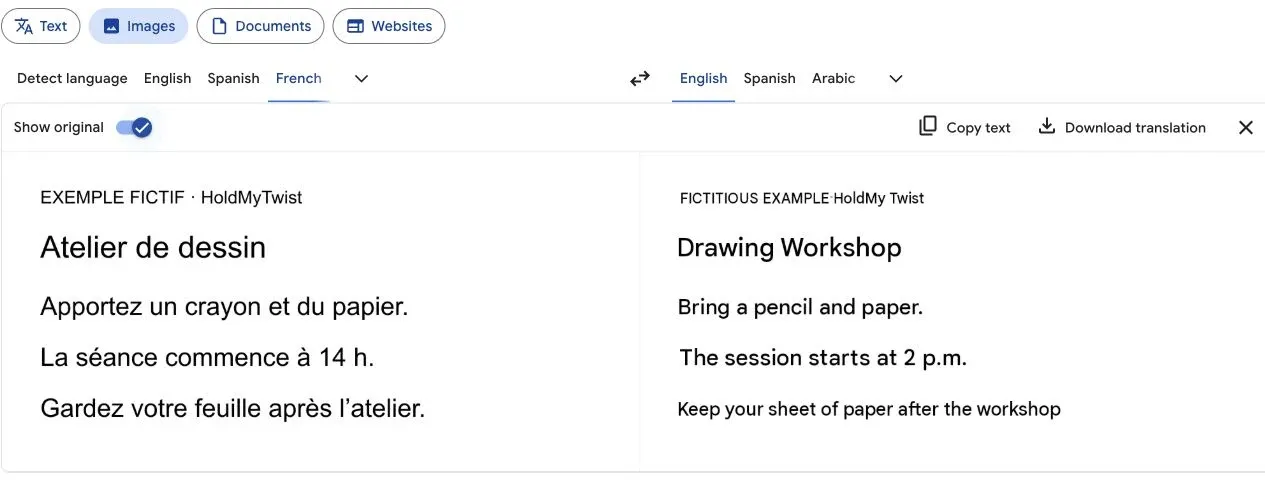 Google Translate Images showing a fictional French workshop note beside its English preview, with Show original enabled.