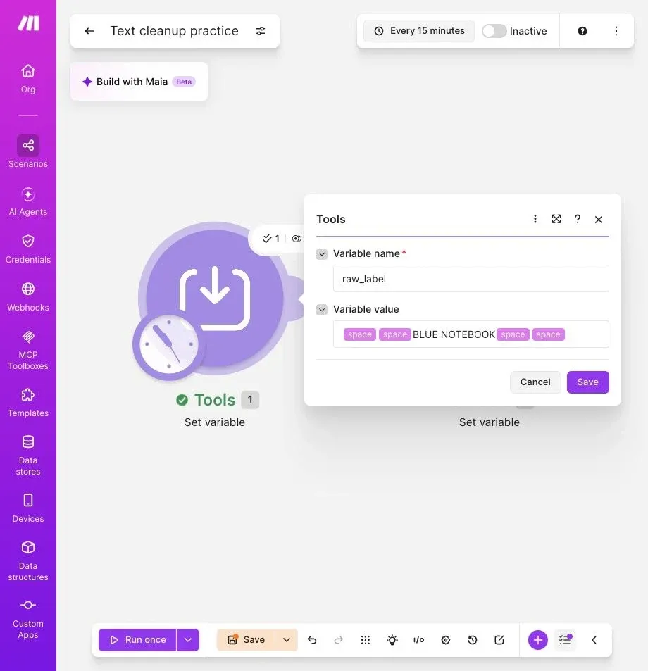 Full Make editor with raw_label set to BLUE NOTEBOOK surrounded by two space tokens at each end
