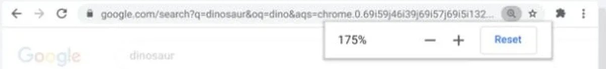 Google's Chrome Tips illustration showing page zoom at 175 percent with minus, plus and Reset controls