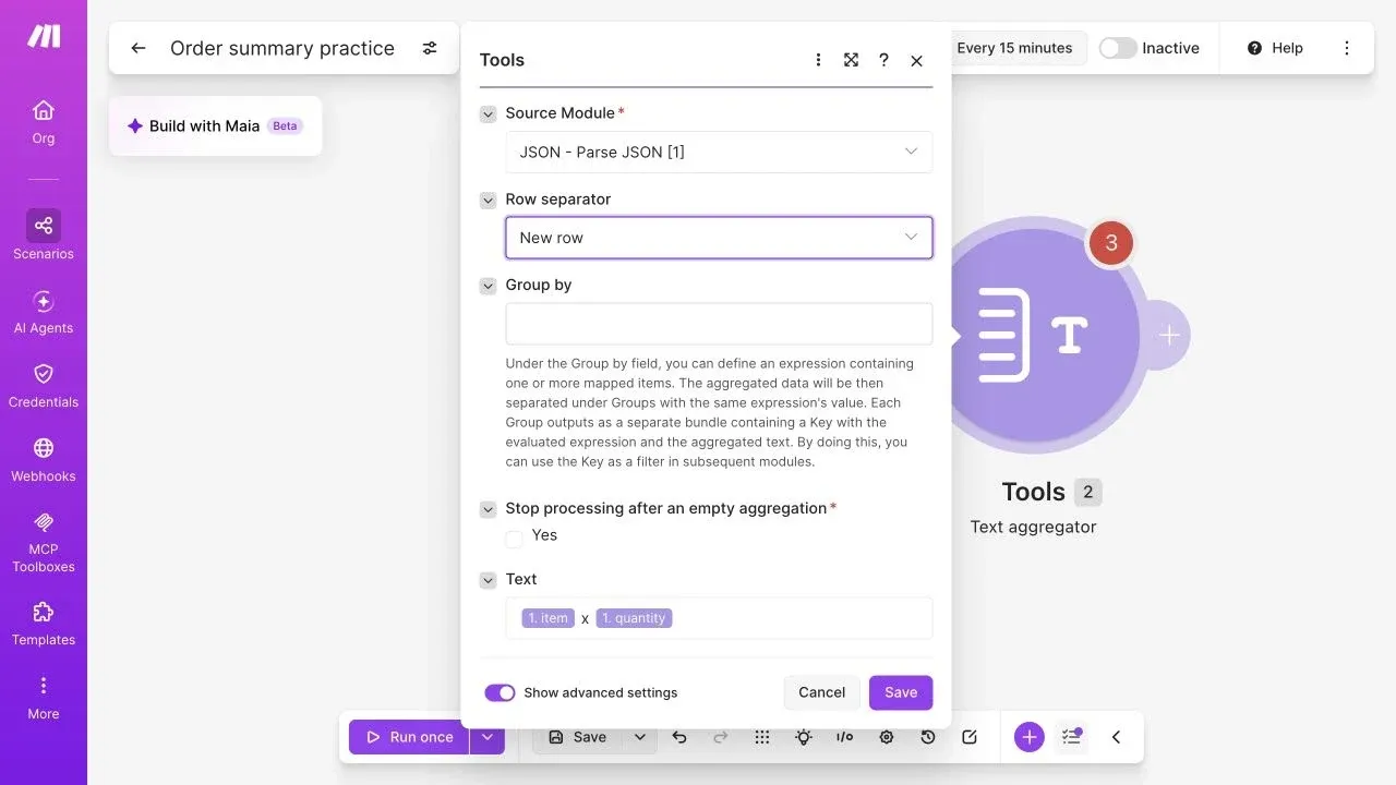 Full Make editor with Text aggregator source, New row separator and mapped item and quantity