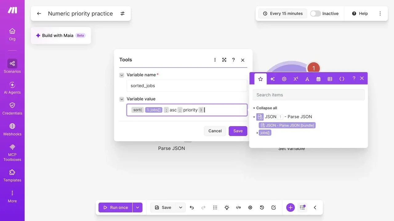 Full Make editor applying sort to jobs in ascending order using priority