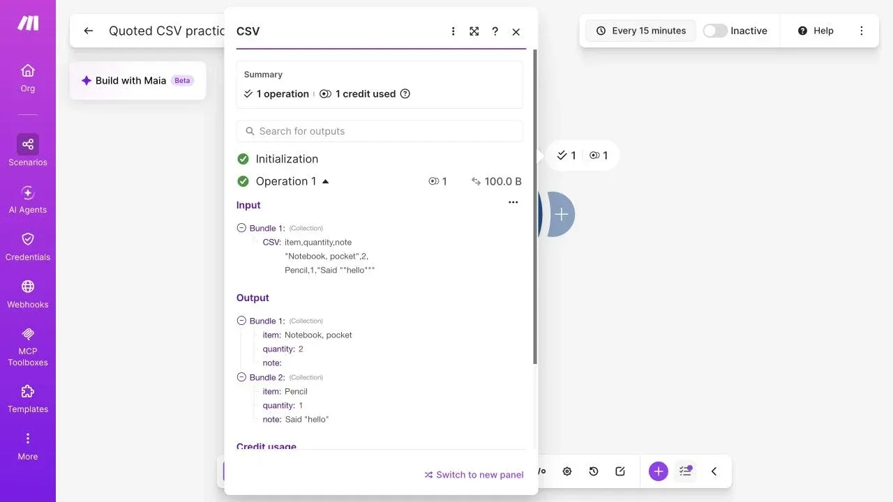 Full Make editor showing two parsed CSV bundles with an intact quoted comma and empty note