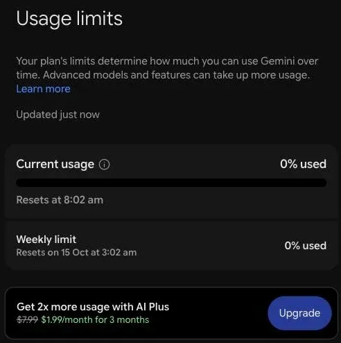 Gemini usage limits page showing current usage, a weekly limit and an AI Plus offer