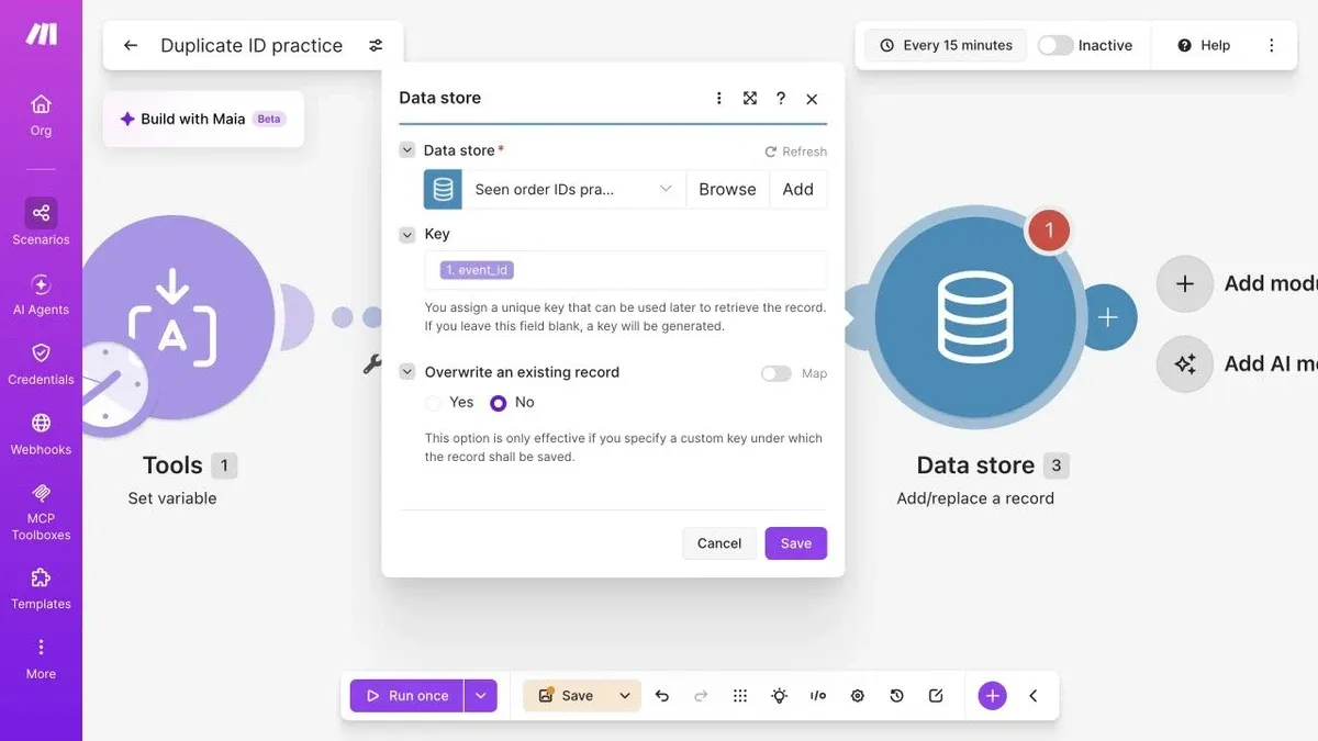 Full Make Add/replace a record form mapping 1.event_id and setting Overwrite an existing record to No.