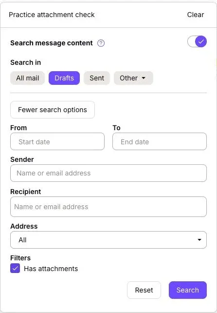 Proton Mail advanced search with Drafts and Has attachments selected