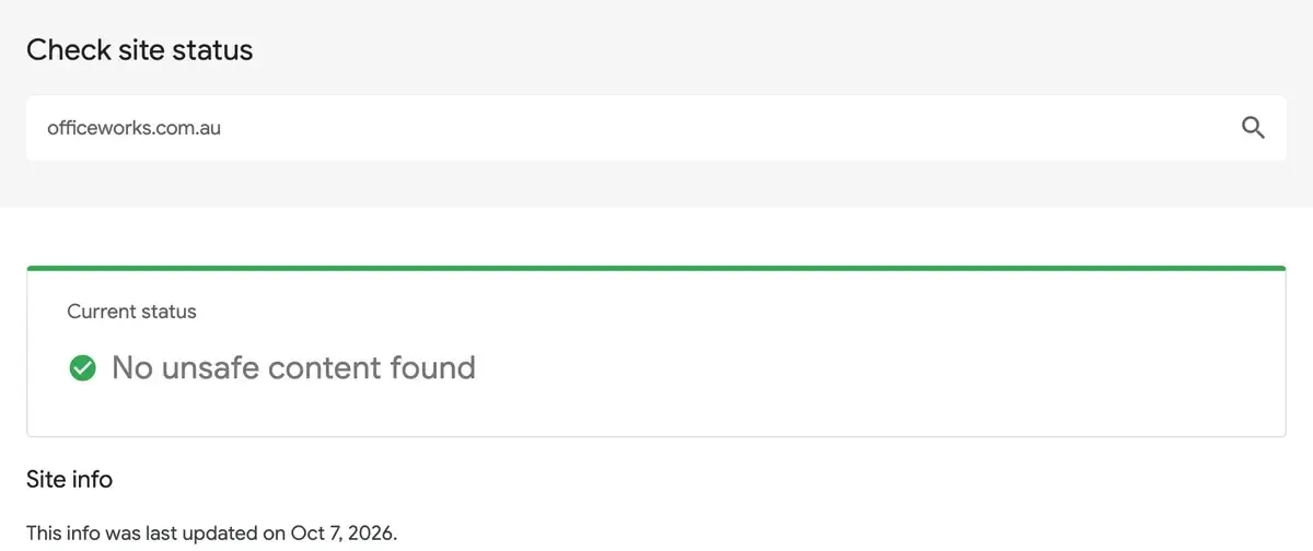 Google Safe Browsing site status for officeworks.com.au showing No unsafe content found