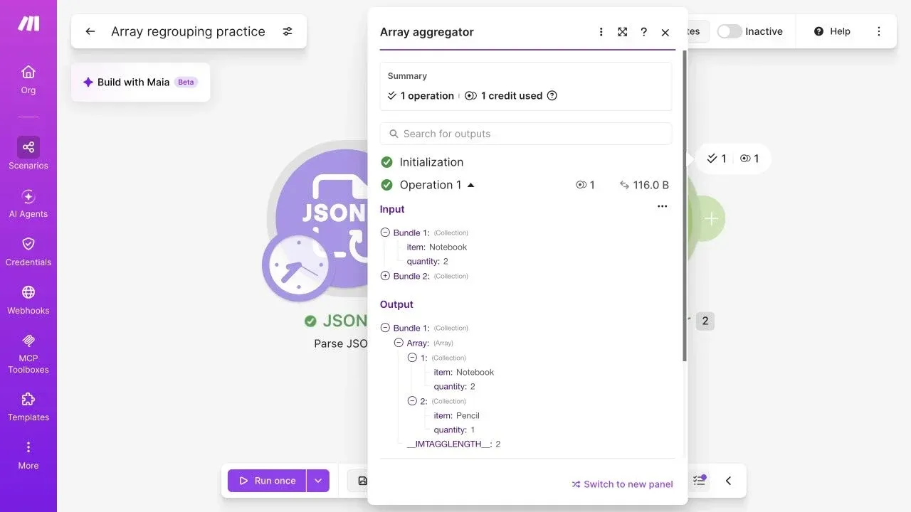 Full Make editor with both aggregated array items expanded showing Notebook and Pencil quantities