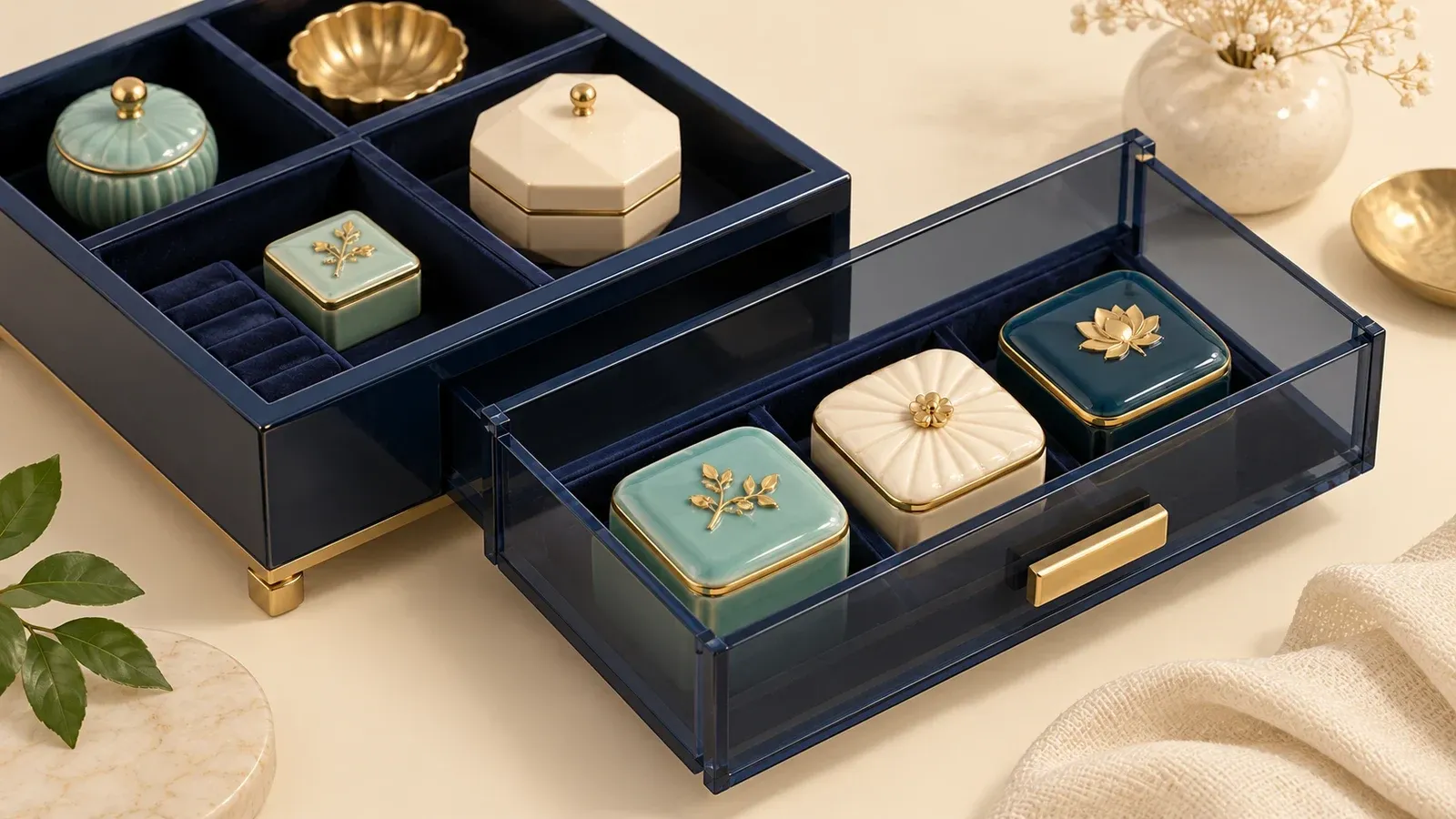Three distinct ceramic boxes grouped together in one transparent navy drawer