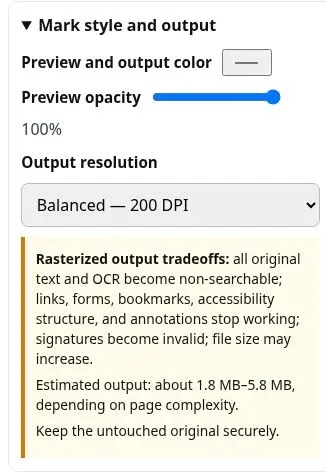 Starlight output settings showing full opacity and Balanced 200 DPI, with rasterization tradeoffs.