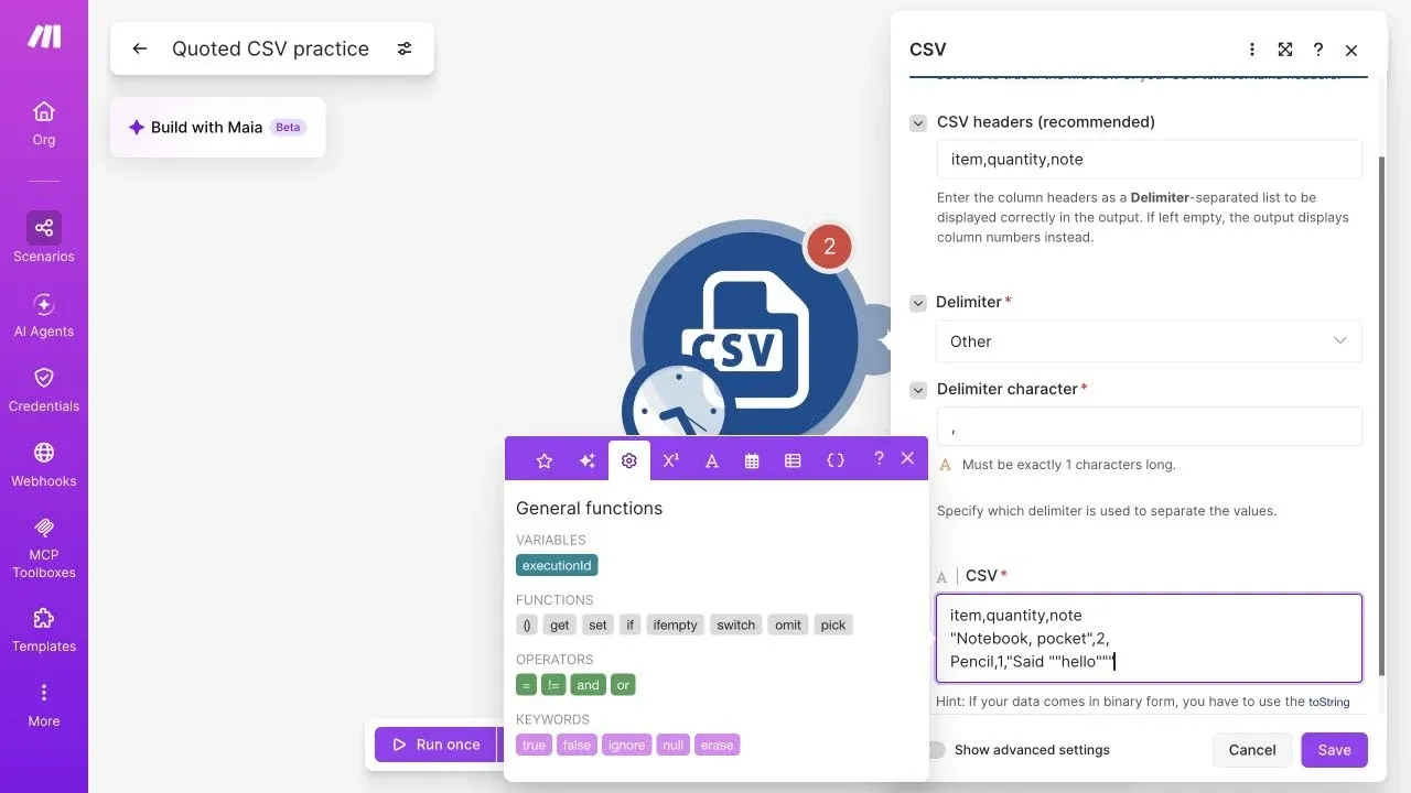Full Make editor showing CSV headers, comma delimiter and a quoted two-row CSV sample