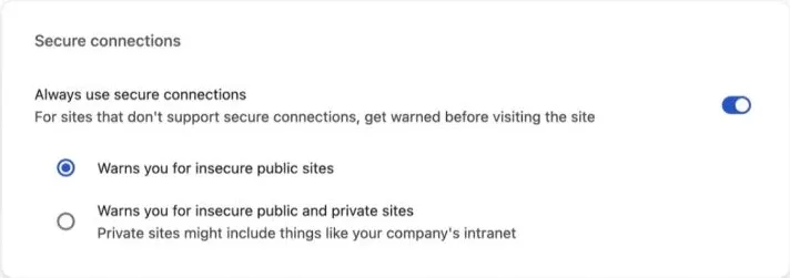 Chrome secure-connections setting with public-site warnings selected in Google's illustration