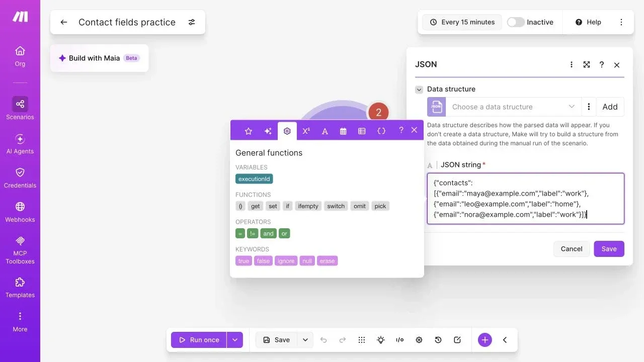 Full Make editor showing three fictional contact records with work and home labels