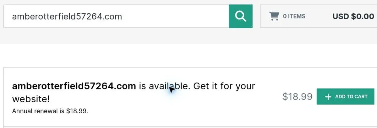 Hover's public search result for an invented domain name, with an annual renewal line.