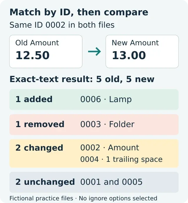 Fictional comparison: ID 0002 Amount changes from 12.50 to 13.00. Totals are one added, one removed, two changed and two unchanged; ID 0004 gains one trailing space.