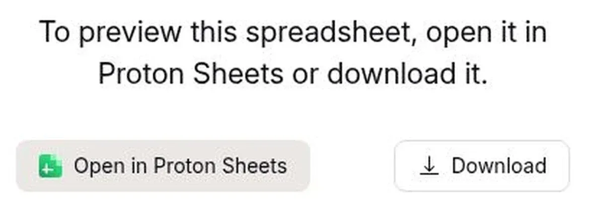 Proton Drive spreadsheet preview with the Open in Proton Sheets button
