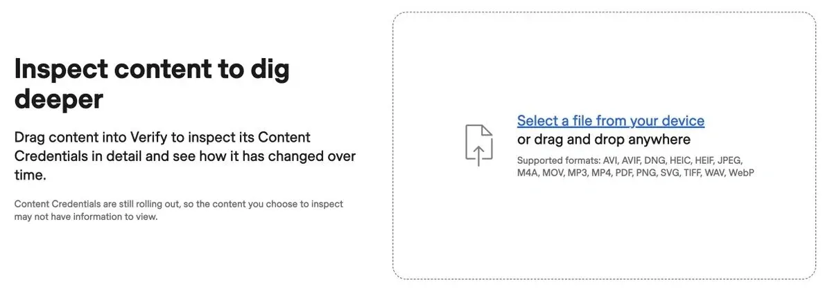 Content Credentials Verify file picker with supported image formats.