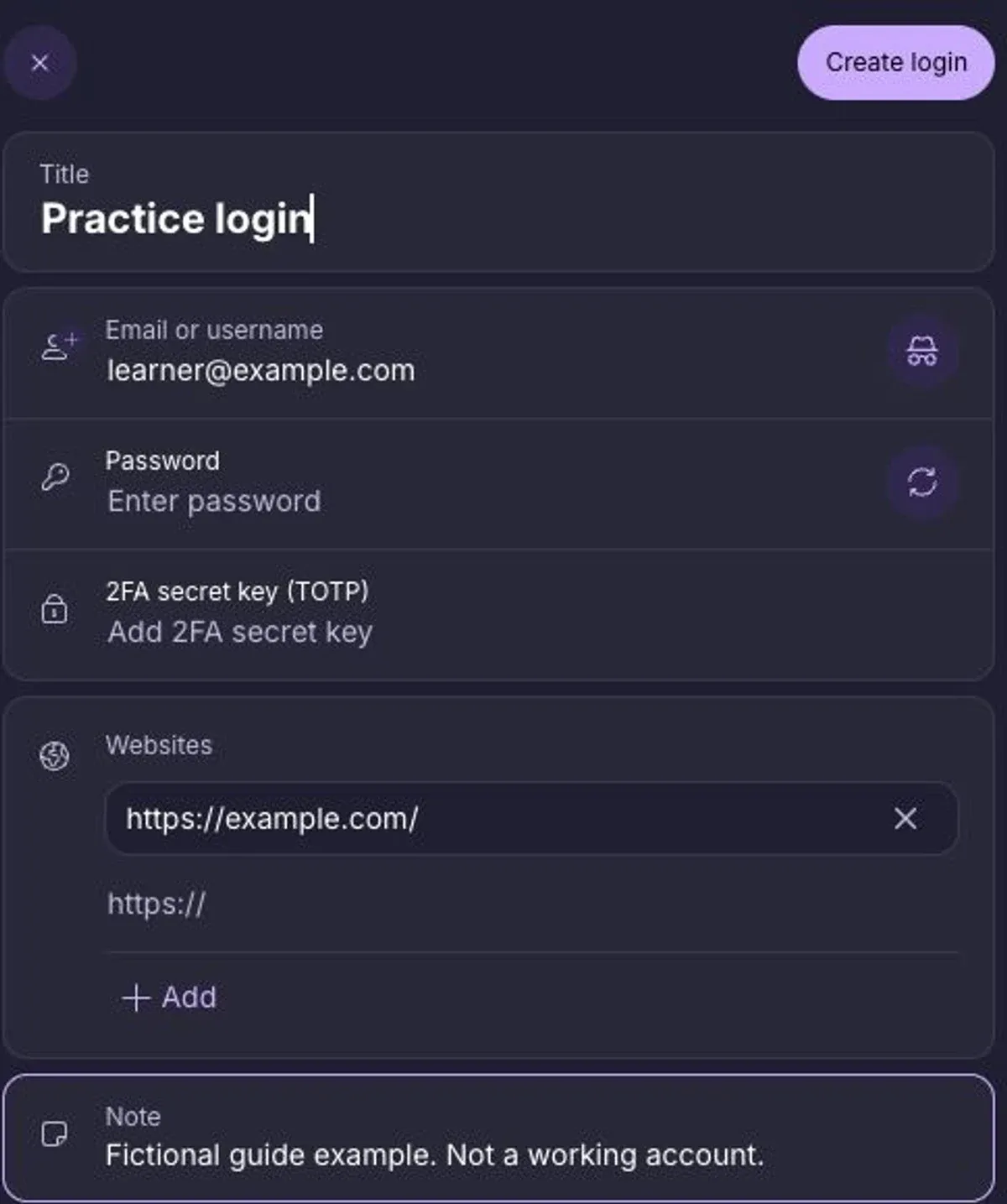 Proton Pass login form filled with fictional example details and an empty password