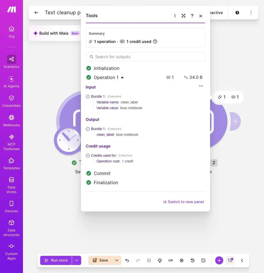 Full Make editor with the second Tools module output showing clean_label as blue notebook