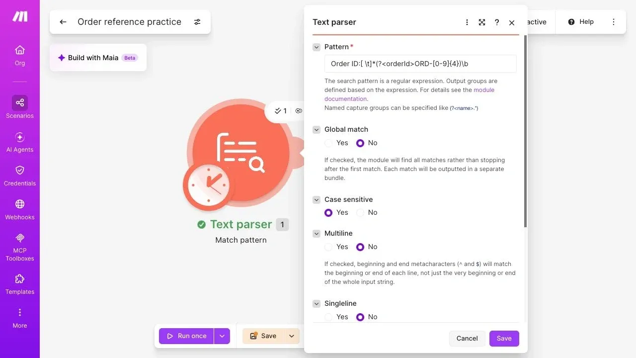 Make Text parser pattern with named orderId group, Global match No and Case sensitive Yes.